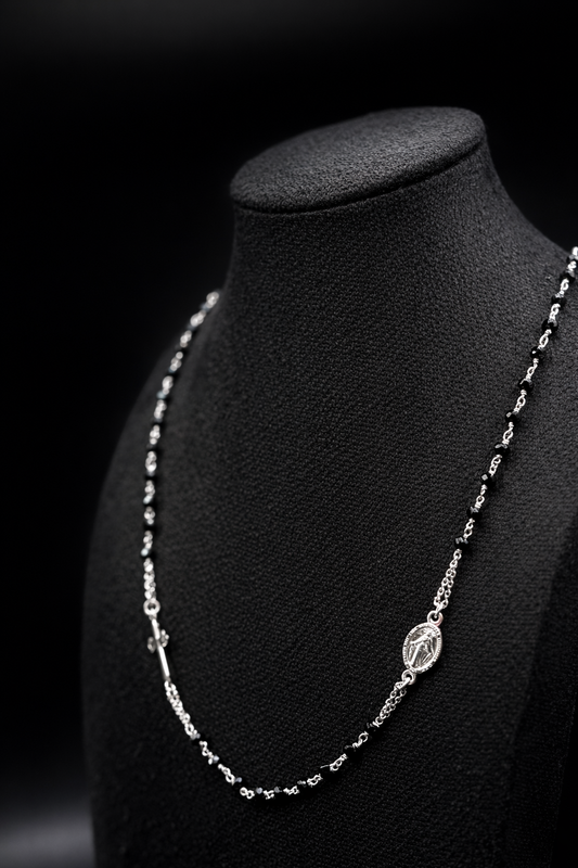 Rosary necklace made of 925 sterling silver with black beads