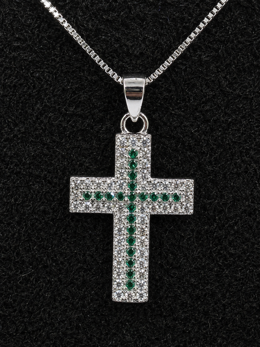Kreuz Halskette aus 925 Silber mit grünen & weißen Zirkonia