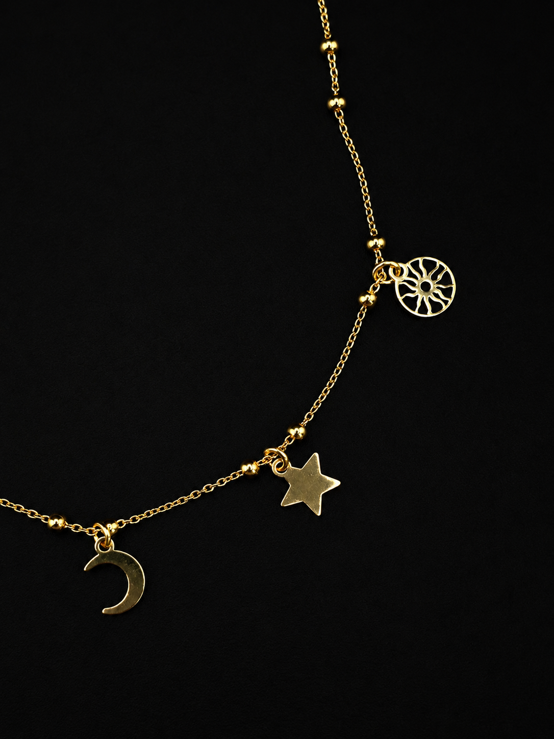Vergoldete Fußkette mit Sonne, Mond & Sternen – 925 Sterling Silber