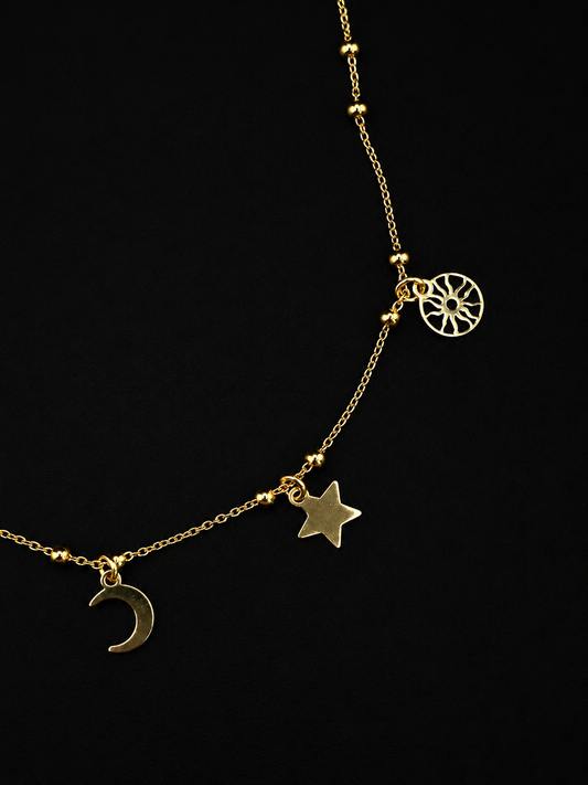 Vergoldete Fußkette mit Sonne, Mond & Sternen – 925 Sterling Silber