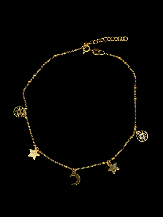 Vergoldete Fußkette mit Sonne, Mond & Sternen – 925 Sterling Silber