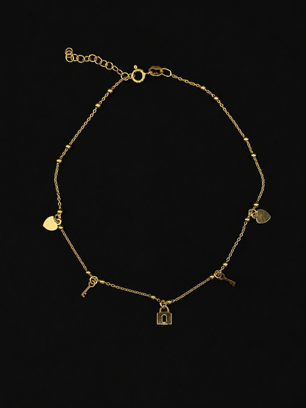 Vergoldete Fußkette mit Herz, Schlüssel & Schloss – 925 Sterling Silber