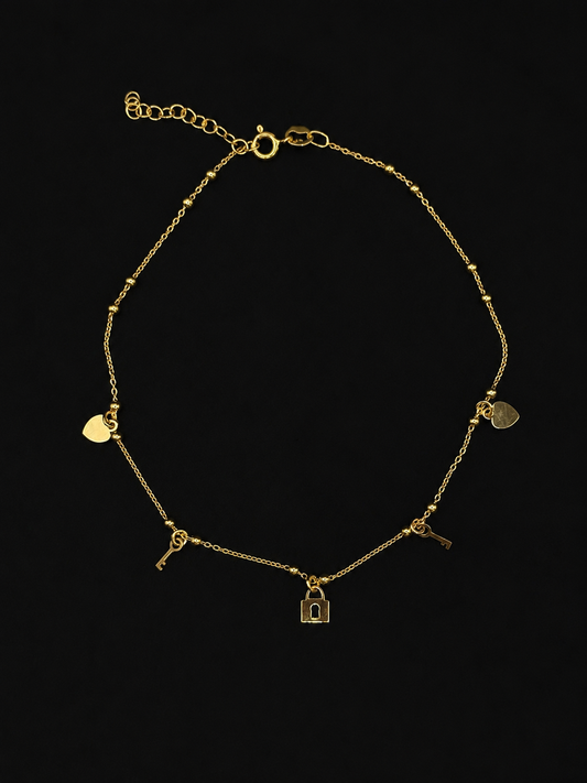 Vergoldete Fußkette mit Herz, Schlüssel & Schloss – 925 Sterling Silber