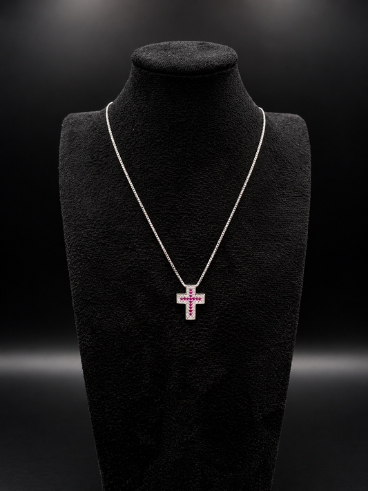 Kreuzkette aus 925 Sterling Silber mit rosa & weißen Zirkonia
