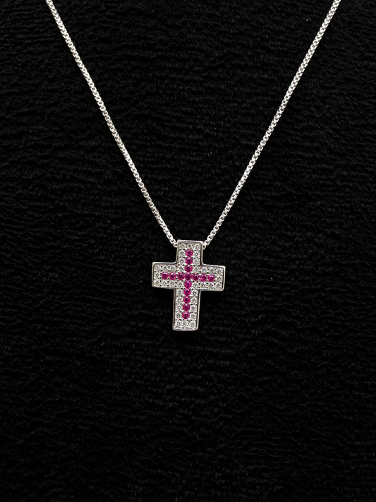 Kreuzkette aus 925 Sterling Silber mit rosa & weißen Zirkonia