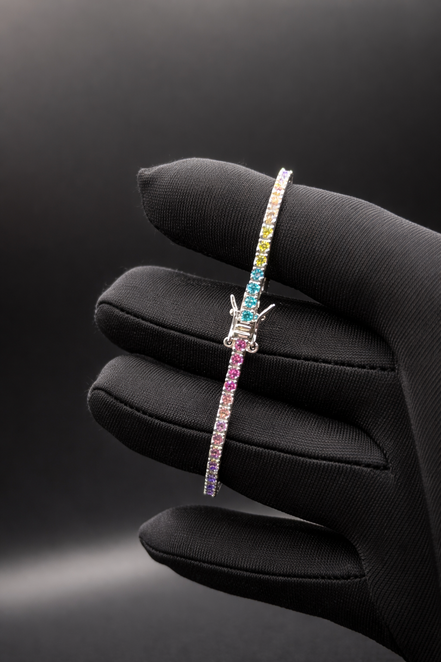 Rainbow tennis bracelet, 17 cm, made of 925 sterling silver with a hinged clasp 