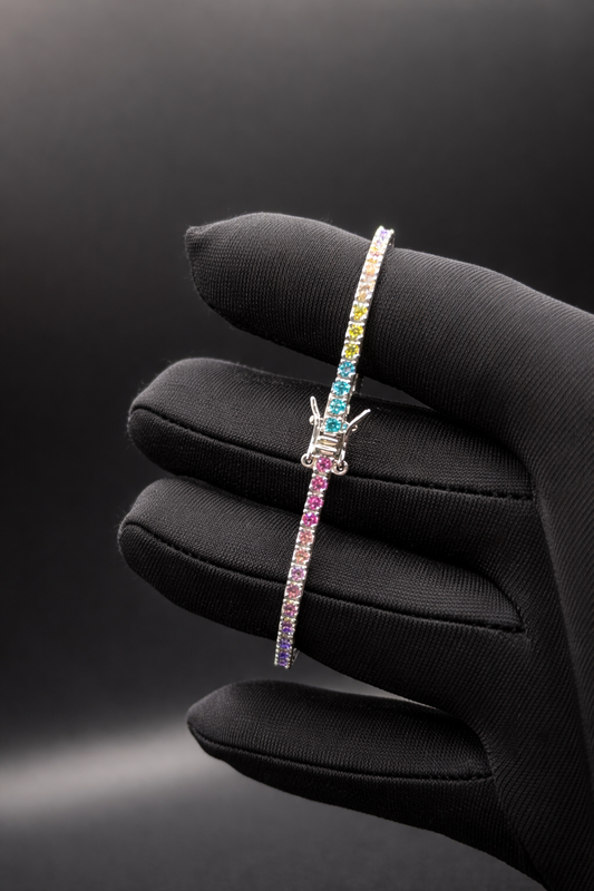 Bracciale tennis arcobaleno, 17 cm, in argento sterling 925 con chiusura a cerniera 