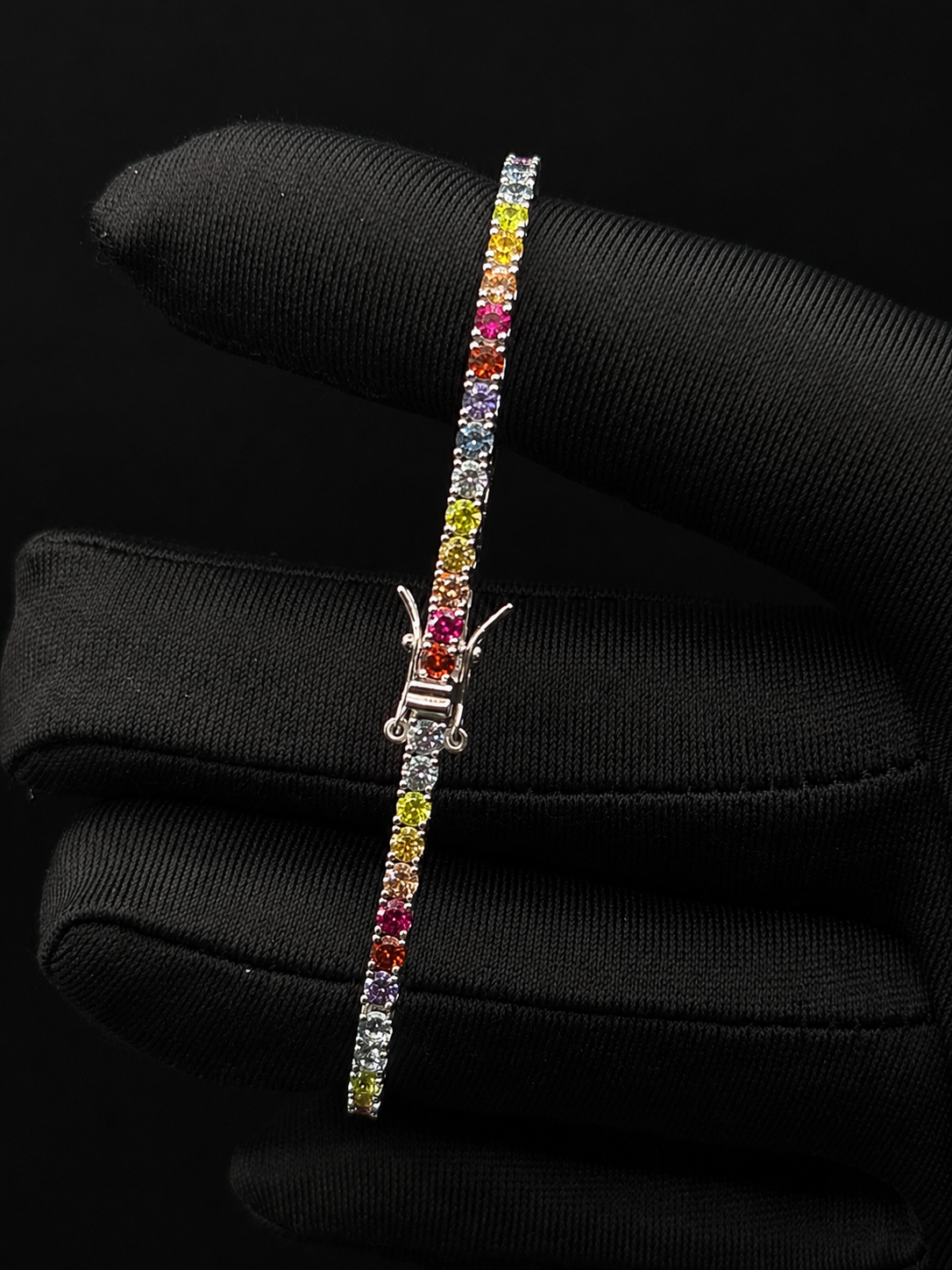 Rainbow tennis bracelet, 17 cm, made of 925 sterling silver with a hinged clasp 