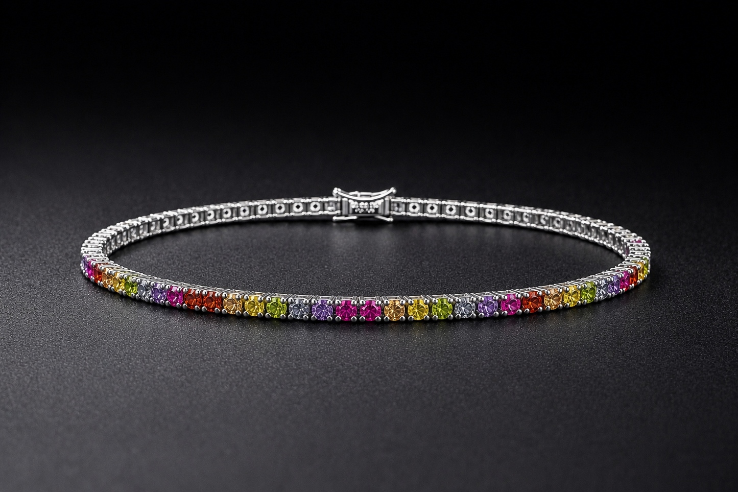 Rainbow tennis bracelet, 17 cm, made of 925 sterling silver with a hinged clasp 