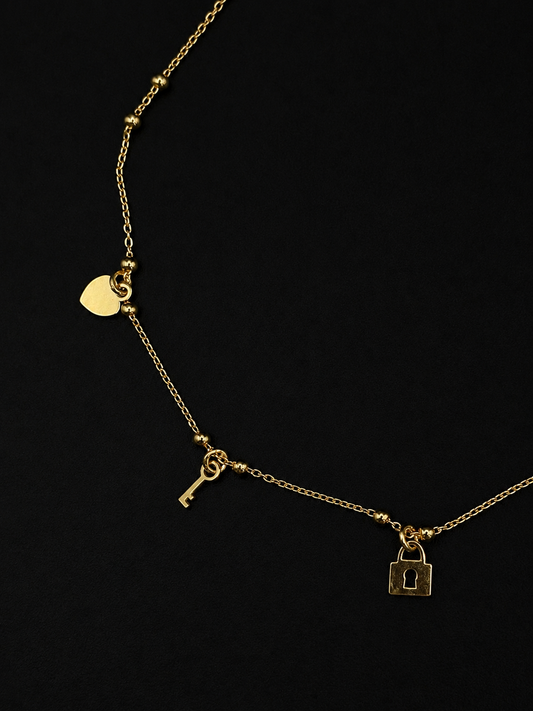 Vergoldete Fußkette mit Herz, Schlüssel & Schloss – 925 Sterling Silber