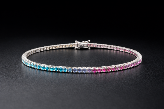 Bracciale tennis arcobaleno, 17 cm, in argento sterling 925 con chiusura a cerniera 